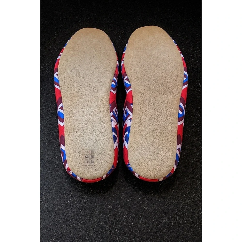 Gucci Voyage Satin Slippers Mens 14 Red Blue GG Geometric Print Italy New in Box